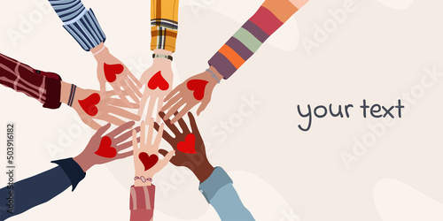Palms up of group of diverse people in circle with heart in hand. Charity donation and volunteer work. Support and assistance. Multicultural community. People diversity. Banner copy space