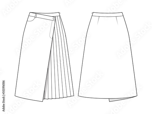 Fashion technical drawing of asymmetric wrap skirt with pleats 