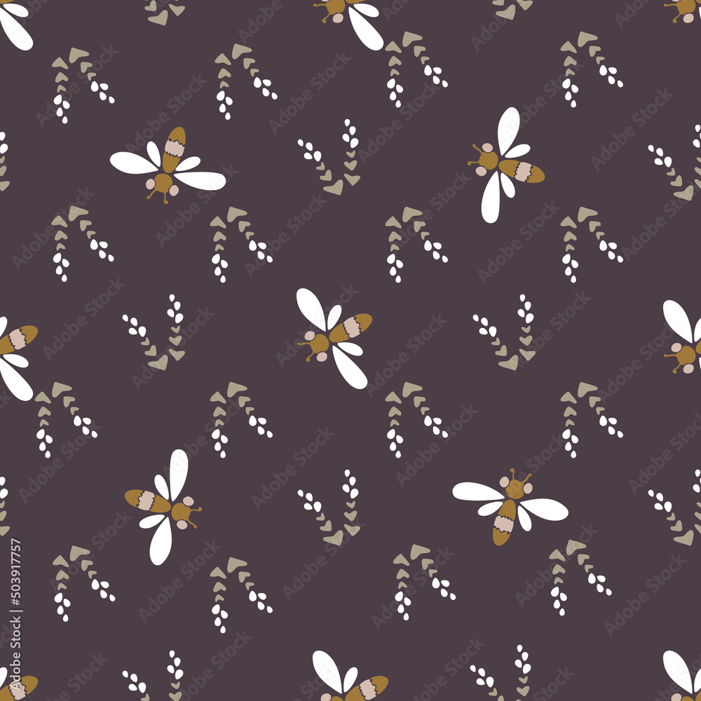 Modern vector floral pattern, small flowers, dragonflies, butterflies, insects with wings on a brown background. Seamless pattern in a minimalist style for paper, textile Modern vector floral pattern, small flowers, dragonflies, butterflies, insects with wings on a brown background. Seamless pattern in a minimalist style for paper, textile