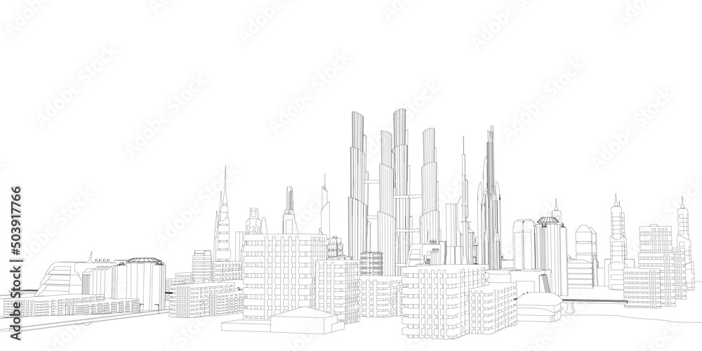 Background with the outline of a futuristic city from black lines isolated on a white background. Vector illustration.