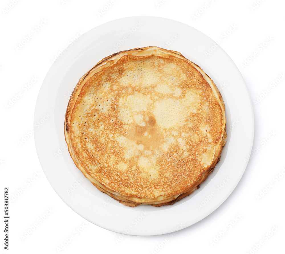Stack of delicious crepes on plate against white background, top view Stack of delicious crepes on plate against white background, top view
