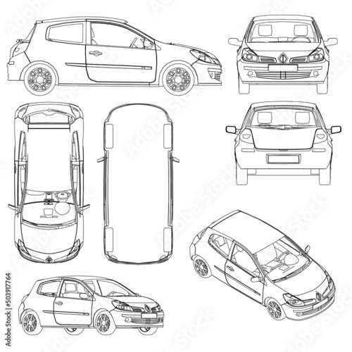 Set with the contours of a passenger car from different types of black lines isolated on a white background. Isometric view, side, front, back, bottom. Vector illustration.