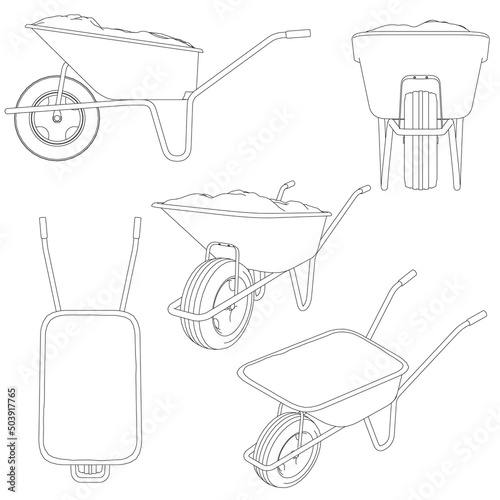 Set with contours of a wheelbarrow on two wheels for manual transportation of goods from different types. Isometric view, side, front, back, bottom. Vector illustration.