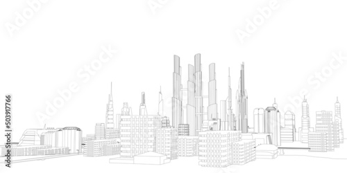 Background with the outline of a futuristic city from black lines isolated on a white background. Vector illustration.