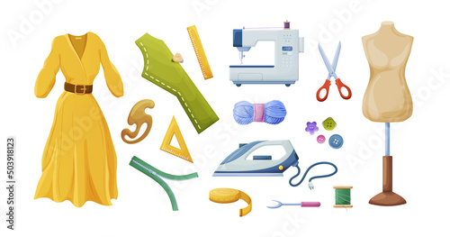 Needlework tools set. Handmade Kit: sewing machine, iron, scissors, spools of thread, buttons, needles in needle bar, meter, thimble, pin, ripper, zipper, yarn wool ball. Hobby tools flat