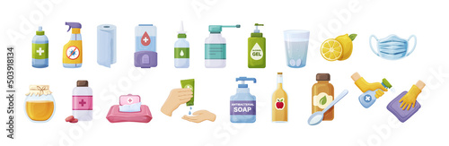 Hygiene product, protection from coronavirus. Personal tools for cleaning, washing, antibacterial protection, prevention from virus.