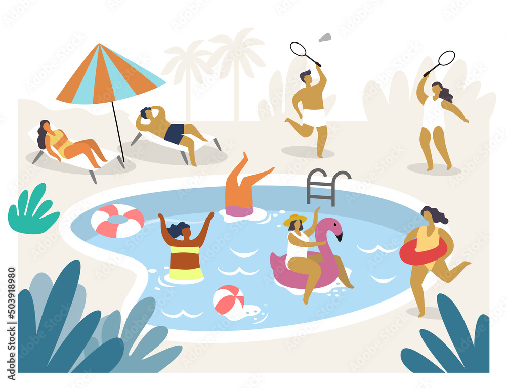 People in swimming pool vector. Men and women in swimsuits performing water activities. People in swimming pool vector. Men and women in swimsuits performing water activities.