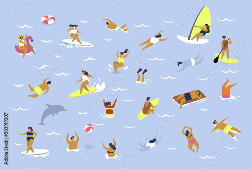People relaxing in sea or swimming pool. Vacation character set