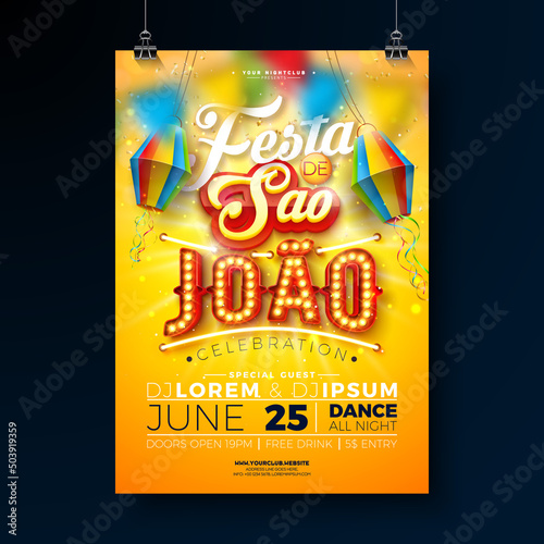 Festa Junina Party Flyer Illustration with Paper Lantern and Retro Light Bulb Billboard on Shiny Yellow Background.Vector Brazil June Sao Joao Festival Design for Invitation or Celebration Poster.
