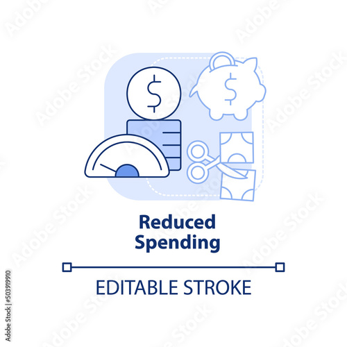 Reduced spending light blue concept icon. Decreasing expenditures. Budget requirement abstract idea thin line illustration. Isolated outline drawing. Editable stroke. Arial, Myriad Pro-Bold fonts used