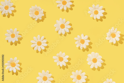 Spring creative layout with white flowers on bright yellow background. 80s, 90s retro romantic aesthetic bloom concept. Minimal fashion idea.