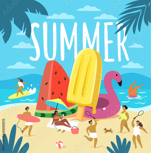 Summer beach people. Relaxing cartoon characters, sunbathing man and woman