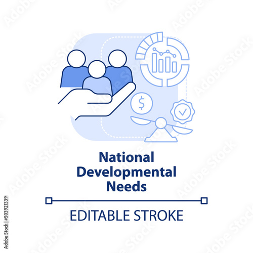 National developmental needs light blue concept icon. Principle of budget planning abstract idea thin line illustration. Isolated outline drawing. Editable stroke. Arial, Myriad Pro-Bold fonts used
