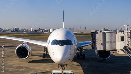 ターミナルビルからボーディングブリッジに駐機する旅客機（東京都大田区）