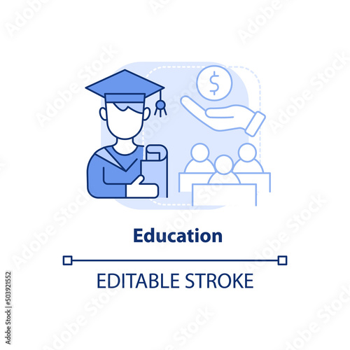 Education light blue concept icon. Financial provision. Scholarships. Expenditures abstract idea thin line illustration. Isolated outline drawing. Editable stroke. Arial, Myriad Pro-Bold fonts used