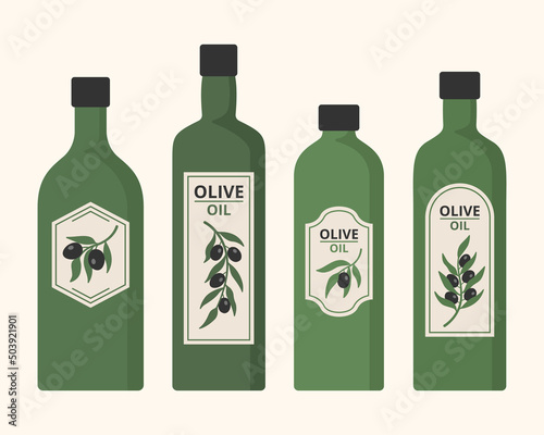 Olive minimalist oil bottles with black olive branches in pastel colors. Vector illustration.