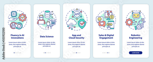 Trendy digital skills onboarding mobile app screen. Data science walkthrough 5 steps graphic instructions pages with linear concepts. UI, UX, GUI template. Myriad Pro-Bold, Regular fonts used