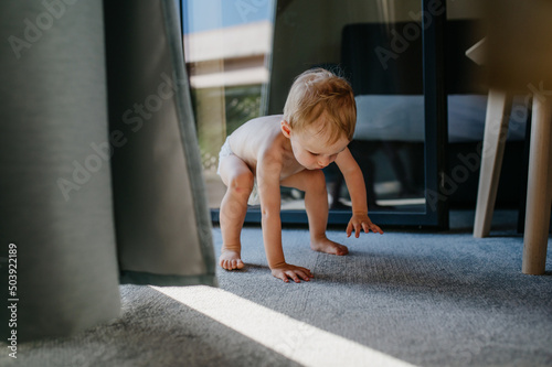 Obraz na plátne Cute toddler girl crawling takes first step, trying to stand up at home