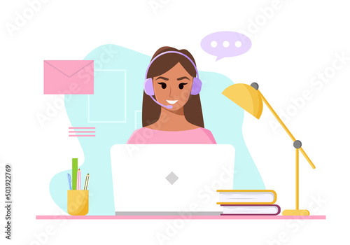 Customer service. Woman with headphones working with laptop, home office, freelancer. Support. Vector cute Illustration in cartoon style.