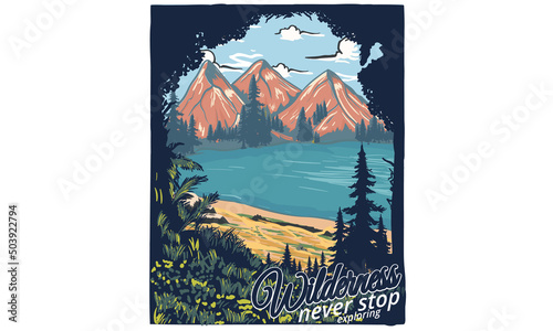 Mountain adventure vector print design. Wild lake artwork for posters, stickers, background and others. Outdoor vibes illustration.