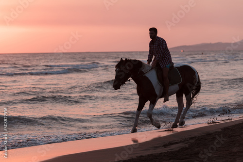 A modern man in summer clothes enjoys riding a horse on a beautiful sandy beach at sunset. Selective focus  © .shock