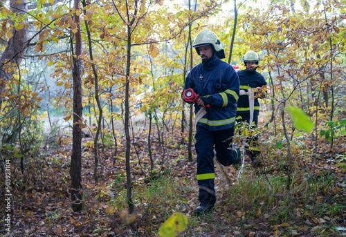 Firefighters men at action, running through smoke with shovels to stop fire in forest.