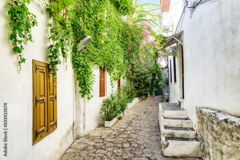 Awesome view of a cozy narrow street in Marmaris, Turkey