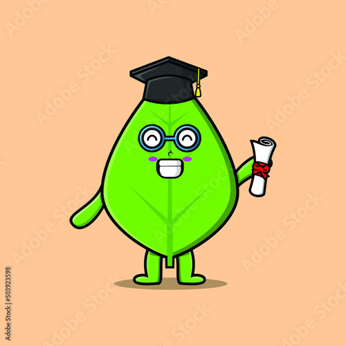 Cute cartoon green leaf student character on graduation day with toga in concept 3d cartoon style