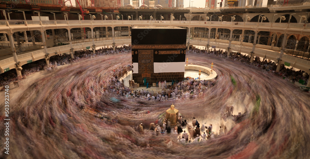 Crowd of people making Tawaf around The Holy Kaaba in Makkah during Umra or Hajj, View from the