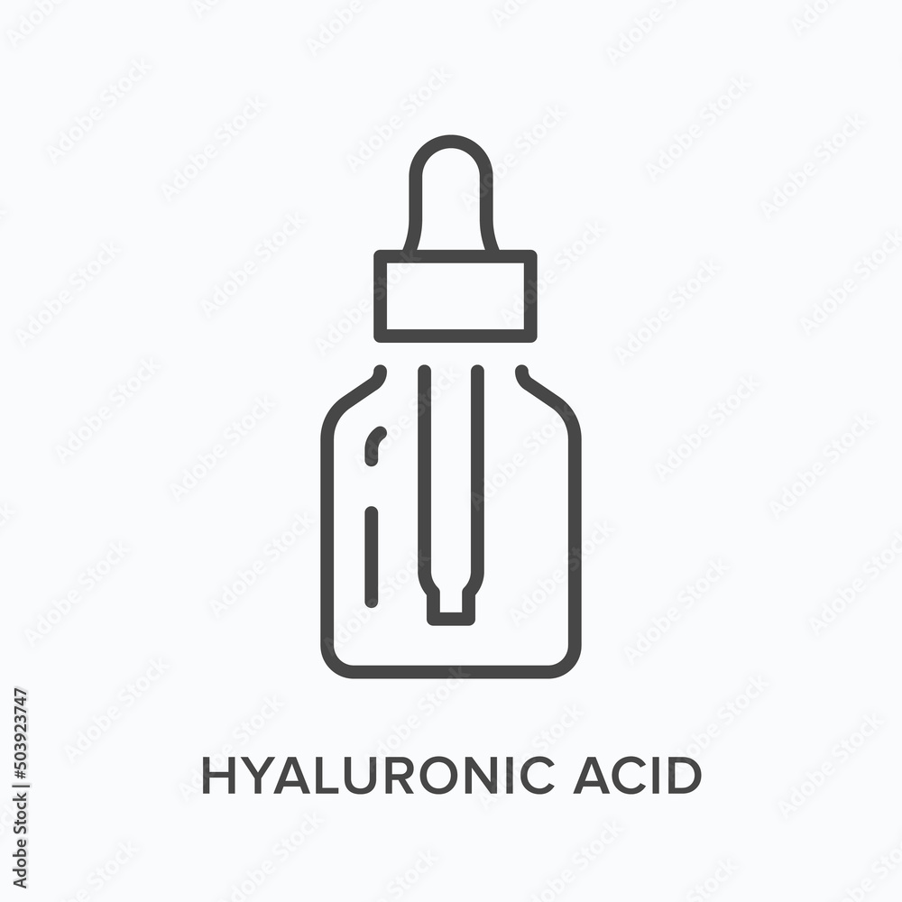 Hyaluronic acid flat line icon. Vector outline illustration of bottle and pipette. Black thin linear pictogram for skincare serum Hyaluronic acid flat line icon. Vector outline illustration of bottle and pipette. Black thin linear pictogram for skincare serum