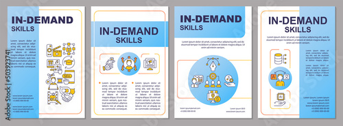 Emerging skills blue brochure template. Knowledge enhancement. Leaflet design with linear icons. 4 vector layouts for presentation, annual reports. Arial, Myriad Pro-Regular fonts used