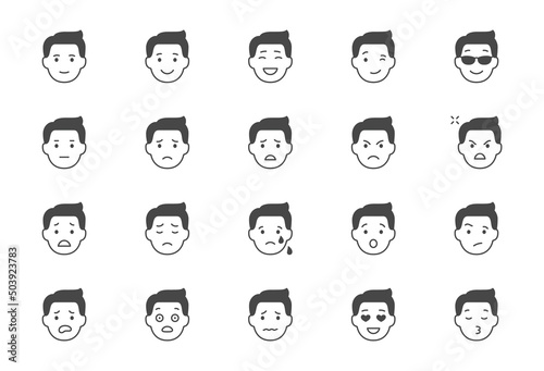 Emoticons flat icons. Vector illustration include icon - mental health, worry, laugh, disappointed mood, confused, glyph silhouette pictogram for man character expression. Black color signs