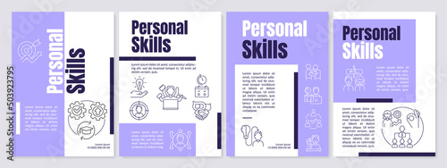In demand soft skills purple brochure template. Professional communication. Leaflet design with linear icons. 4 vector layouts for presentation, annual reports. Anton, Lato-Regular fonts used