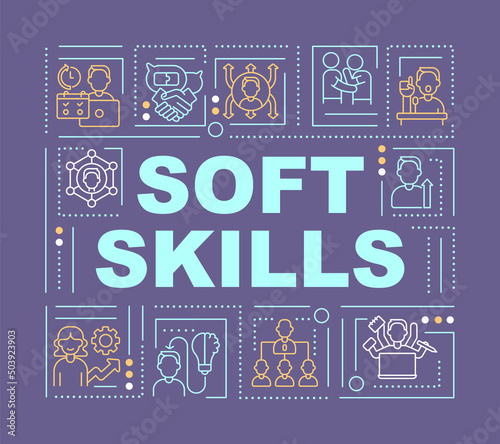 Essential soft skills word concepts dark purple banner. Solving problems. Infographics with icons on color background. Isolated typography. Vector illustration with text. Arial-Black font used
