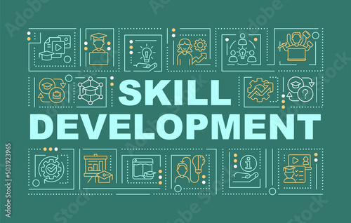 In demand skills for future word concepts dark green banner. Skilling training. Infographics with icons on color background. Isolated typography. Vector illustration with text. Arial-Black font used