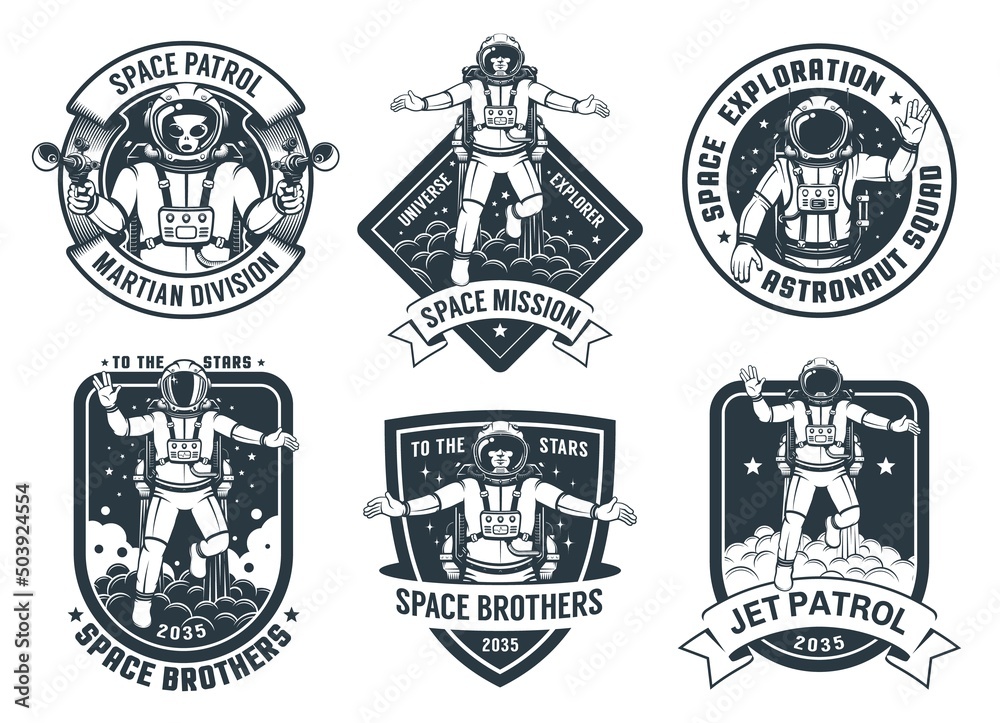 Retro space badges set with flying astronaut. Spaceman vintage emblem pack. Vector illustartion. Retro space badges set with flying astronaut. Spaceman vintage emblem pack. Vector illustartion.