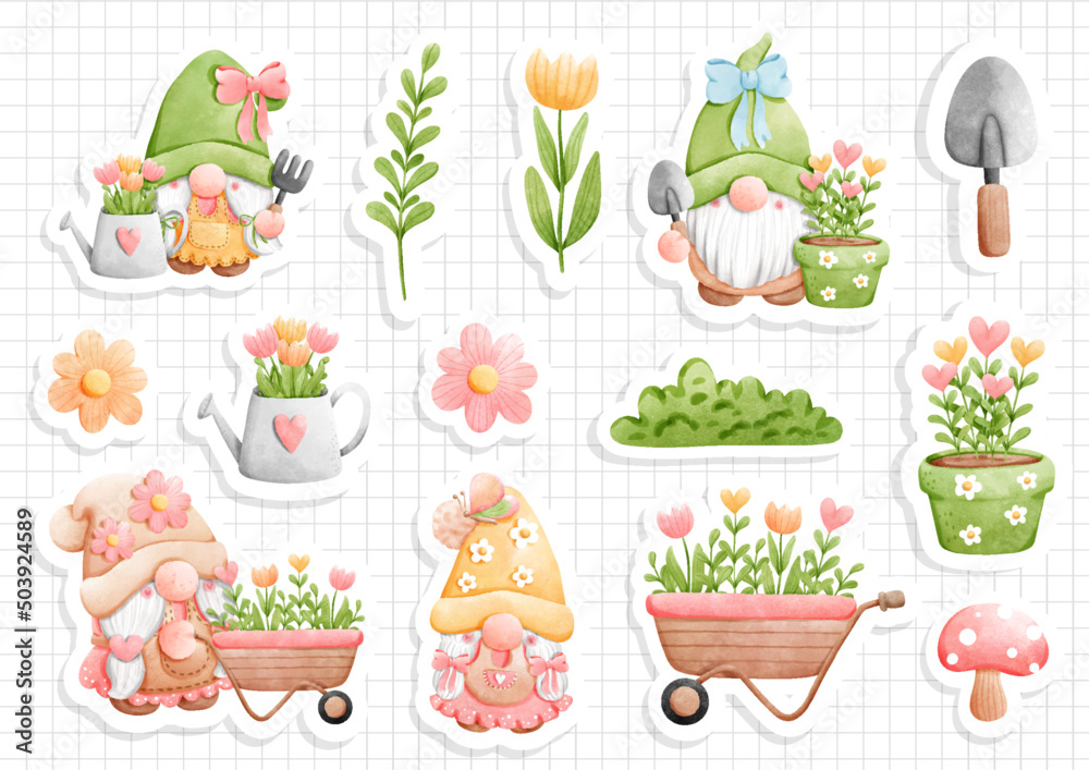 Fototapeta premium Sticker sheet garden gnome , spring gnome vector illustration
