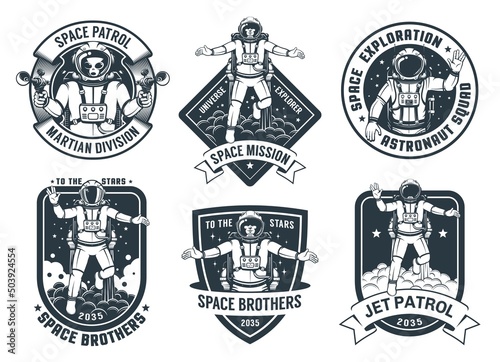 Retro space badges set with flying astronaut. Spaceman vintage emblem pack. Vector illustartion.