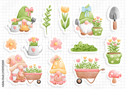 Sticker sheet garden gnome   spring gnome vector illustration
