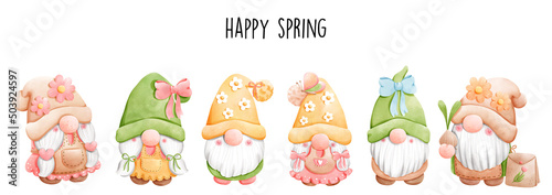 Watercolor garden gnome, spring gnome Vector illustration
