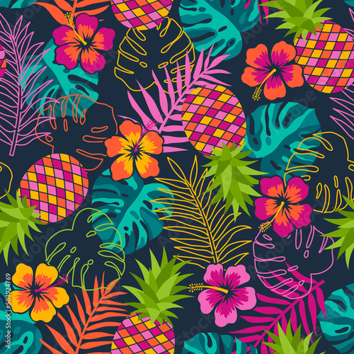 Hand drawn hibiscus, pineapple and tropical leaf seamless pattern for summer holidays background.