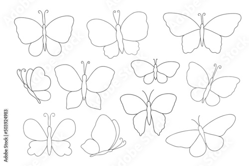 Fancy black and white butterfly set simple outline vector illustration, symbol of Easter holidays, spring or summer, celebration decor, linear clipart for cards, banner, springtime decoration, cute in