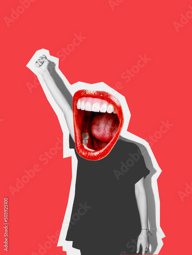 Modern art collage. Instead of a head, a crazy mouth screams, showing a fist. A gesture of freedom and protection without violence. White teeth. Red background.