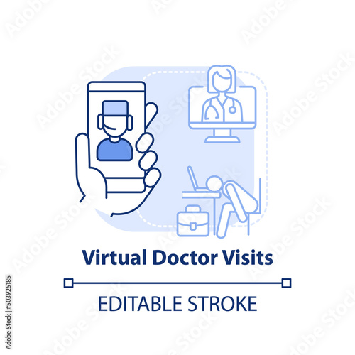 Virtual doctor visits light blue concept icon. Telehealth care. Mental health at work abstract idea thin line illustration. Isolated outline drawing. Editable stroke. Arial, Myriad Pro-Bold fonts used