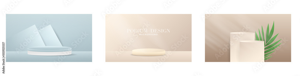 Fototapeta premium Abstract backdrop for product display set white podiums and curved background Rounded leaves and tropical on blue background with copy space , illustration 3d Vector EPS 10