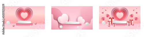 Set heart and cloud with podium in Valentine's Day for content online , with copy space on pink background , Flat Modern design , illustration Vector EPS 10