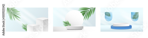 Abstract backdrop for product display set white  podiums and curved background Rounded leaves and tropical on blue background with copy space , illustration 3d Vector EPS 10