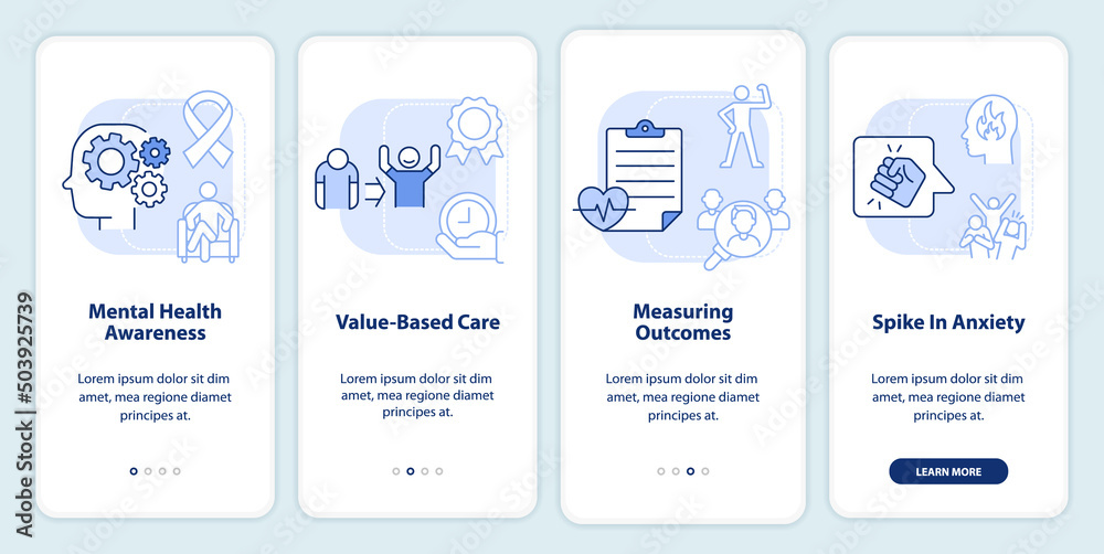 Behavioral trends light blue onboarding mobile app screen. Mental health walkthrough 4 steps graphic instructions pages with linear concepts. UI, UX, GUI template. Myriad Pro-Bold, Regular fonts used