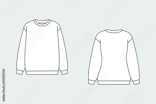 Hoodie, pullover, sweatshirt vector template isolated on a grey background. Unisex, male, female model. Front and back view. Outline fashion technical sketch of clothes model.
