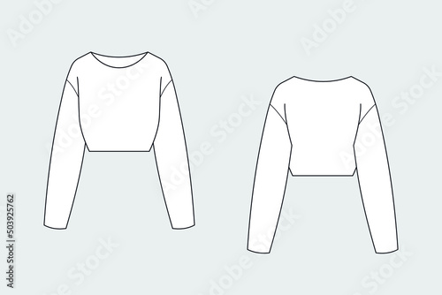 Female hoodie, sweatshirt, pullover vector template isolated on a grey background. Front and back view. Outline fashion technical sketch of clothes model.